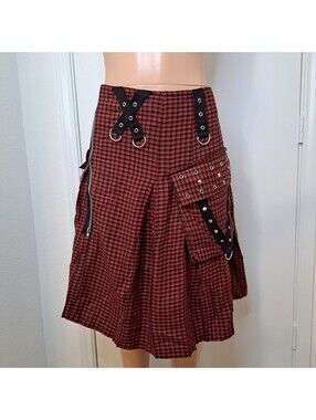 Dead Threads Gingham Red Gray Black Rockabilly Goth Midi Skirt Pockets Size M 32